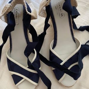 COACH Tie-Up Espadrille Navy Wedges, Never Worn
